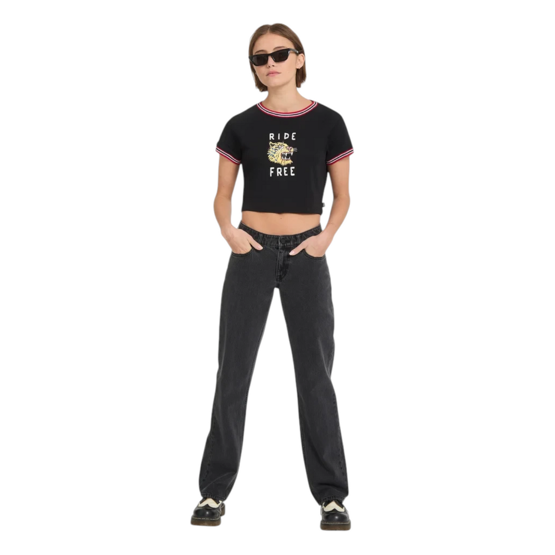 T-shirt noir Born2ride Volcom FA Ozzy à coupe courte avec motif tigre et détails rayés sur le col et les manches