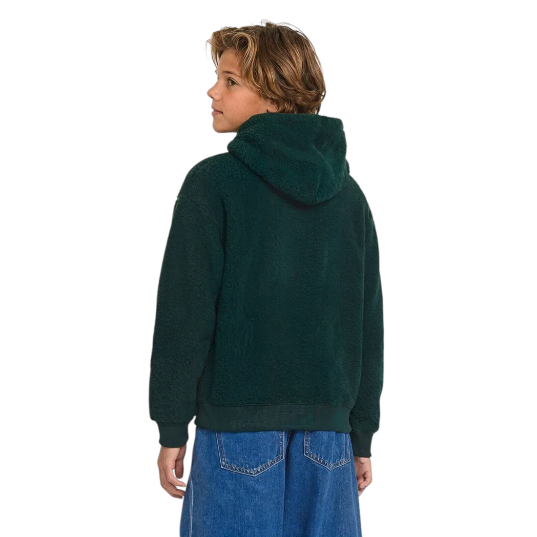 Jeune garçon portant un sweat à capuche Born2ride Volcom Toogoat Po en polaire vert foncé, vue de dos.