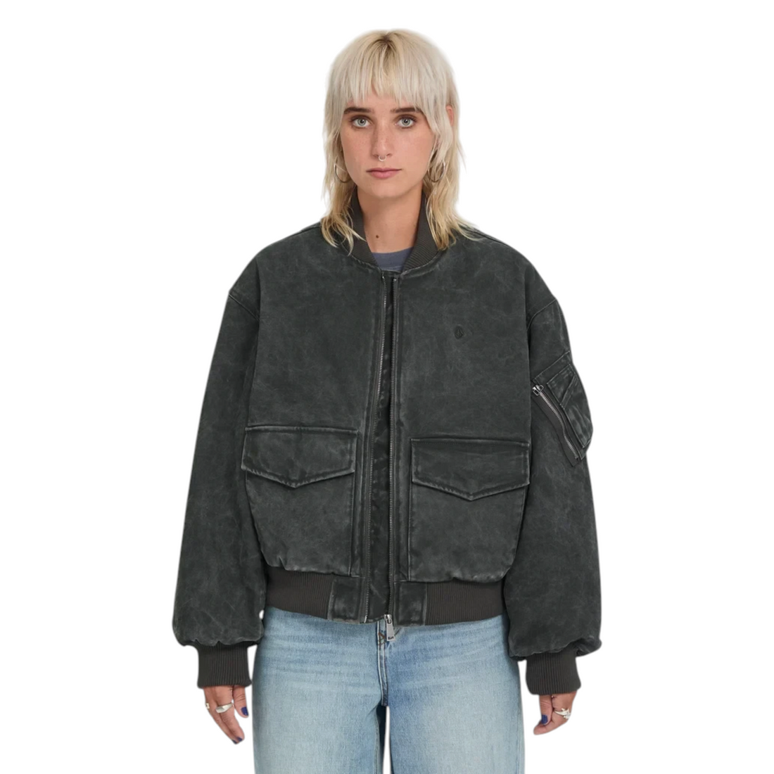 Veste bomber femme Born2ride Volcom Workestra gris délavé avec poches avant et fermeture éclair