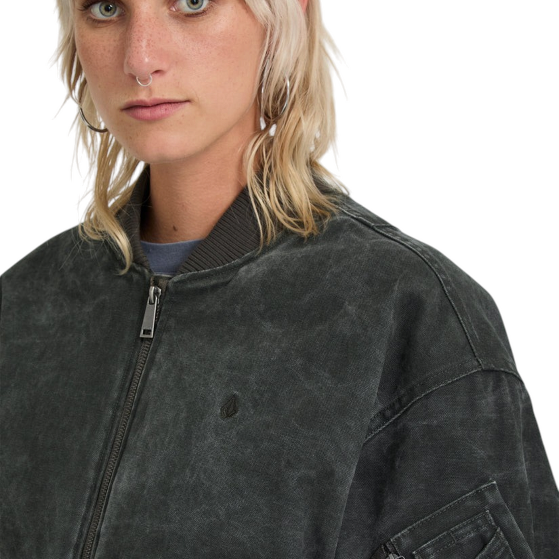Veste bomber Born2ride Volcom Workestra noire délavée avec fermeture éclair et poche utilitaire sur la manche