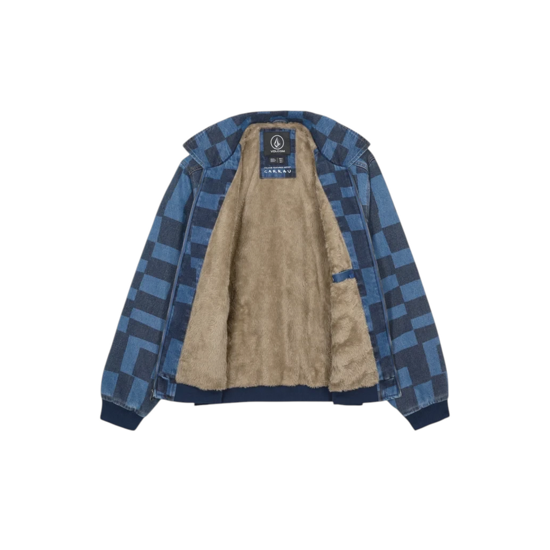 Veste Born2ride Volcom Fa Carrau en denim bleu à motif damier avec doublure intérieure en fausse fourrure beige