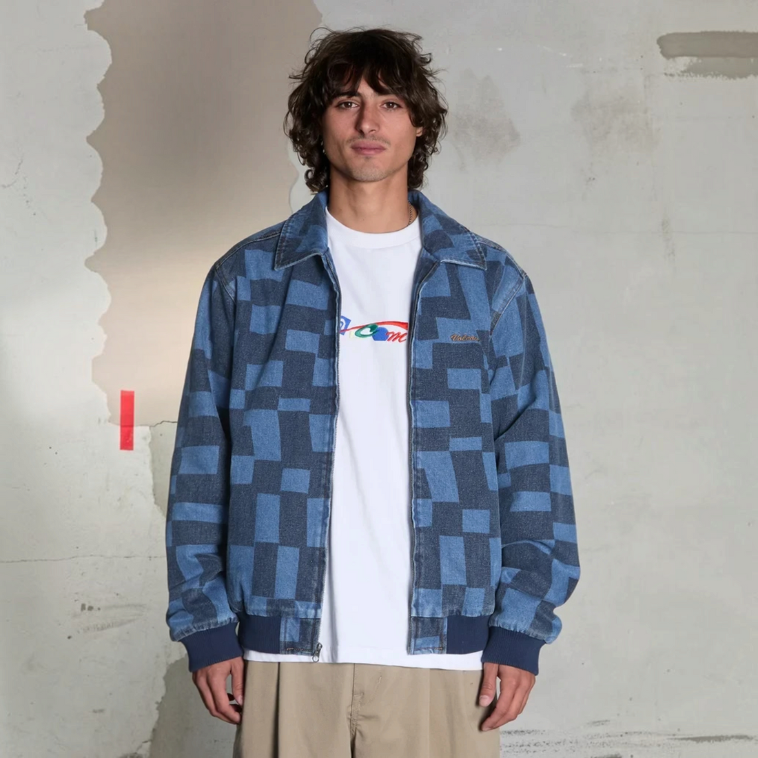 Veste Born2ride Volcom Fa Carrau en denim bleu à motif damier déstructuré avec col classique et finitions côtelées