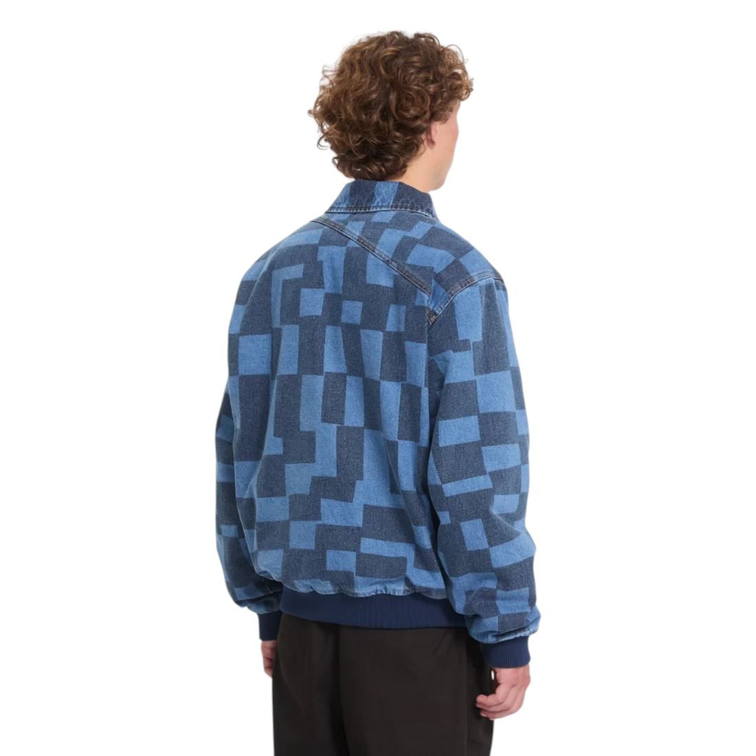 Veste homme Born2ride Volcom Fa Carrau en denim bleu à motif géométrique, vue de dos sur un mannequin