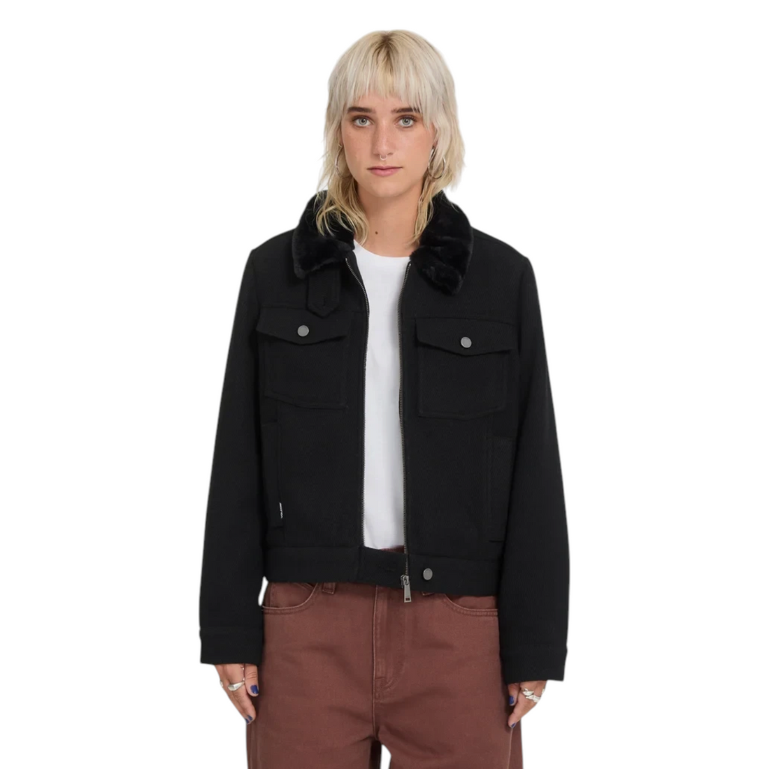 Veste noire Born2ride Volcom Gilscot pour femme avec col en fausse fourrure, poches poitrine et fermeture zippée