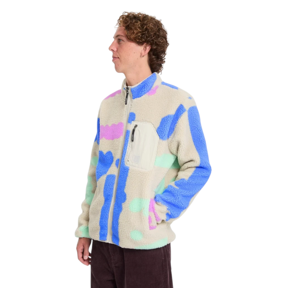 Veste zippée Born2ride Volcom Fa Carrau Fuzzar en matière peluche beige à motifs abstraits bleus et roses