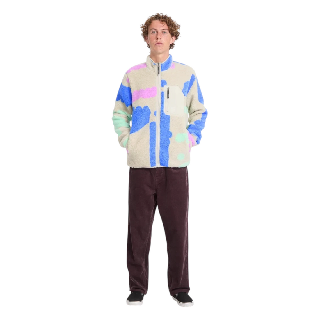 Veste zippée Born2ride Volcom Fa Carrau Fuzzar en matière peluche beige avec motifs abstraits colorés