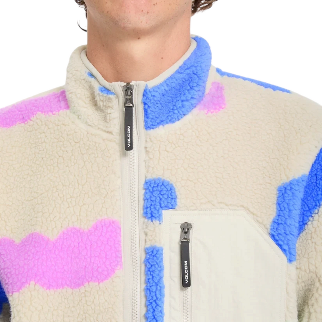 Veste zippée Born2ride Volcom en matière peluche beige avec des motifs abstraits bleus et roses et poche poitrine