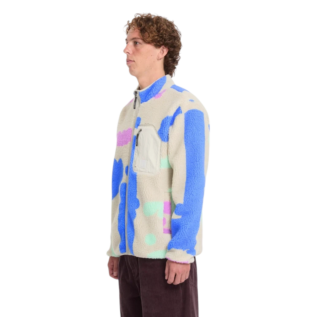 Veste zippée Born2ride Volcom Fa Carrau Fuzzar en polaire beige à motifs abstraits bleus et roses pour homme