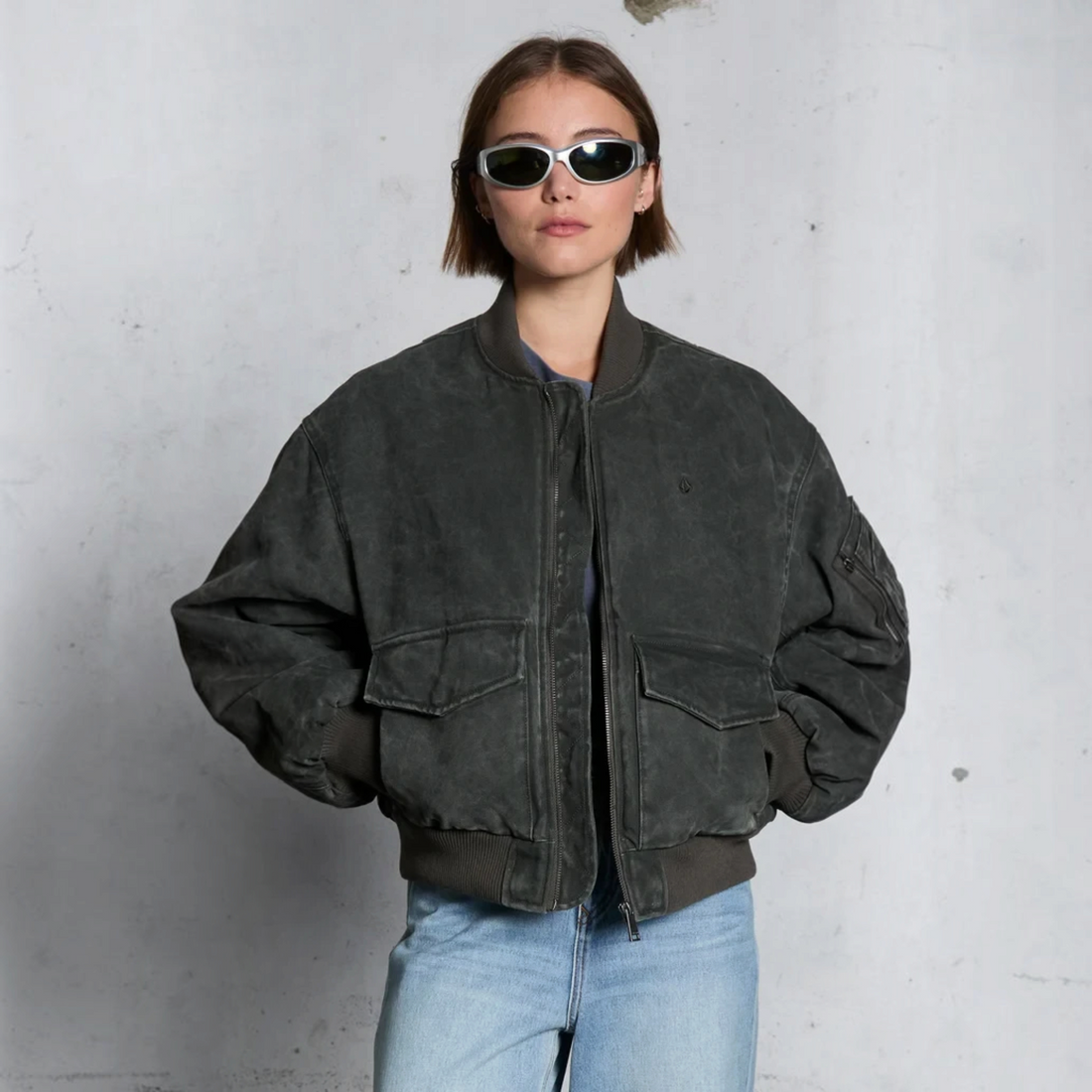 Veste bomber Born2ride Volcom Workestra gris délavé avec poches avant et coupe oversize style streetwear