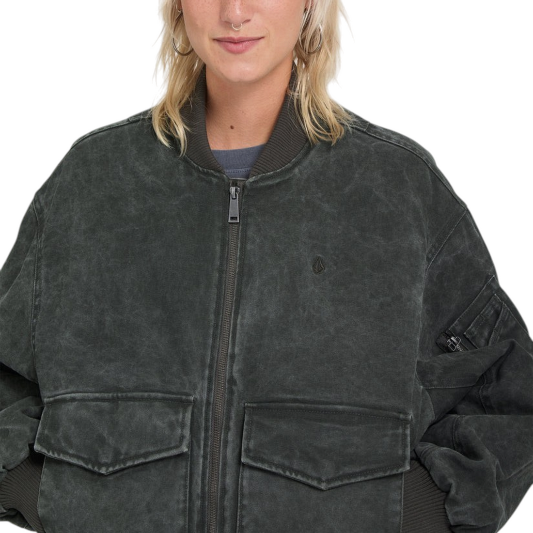 Veste bomber femme Born2ride Volcom Workestra gris délavé avec poches avant et col côtelé